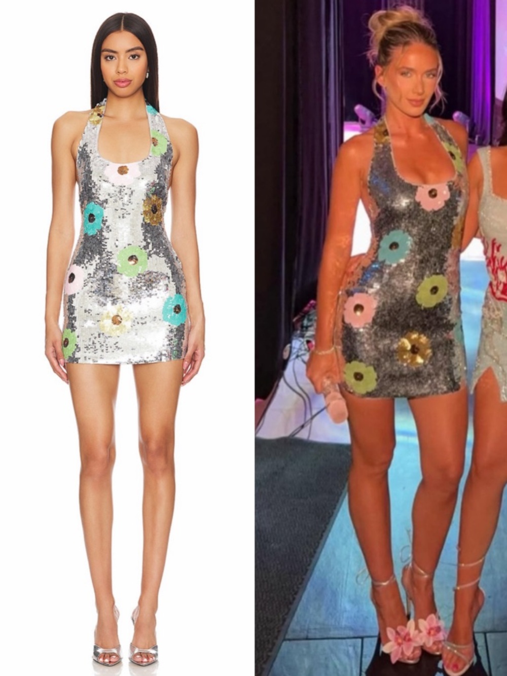 Lovers + Friends Silver Sequin Halter Mini Dress with Multicolor Floral Disks